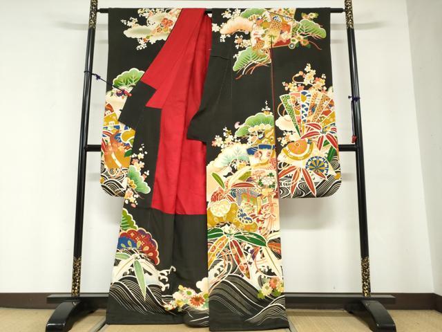 平和屋本店●アンティーク 大正ロマン 振袖 駒刺繍 扇面御所車飛鶴草花文 黒地 正絹 逸品 DABG2752ud