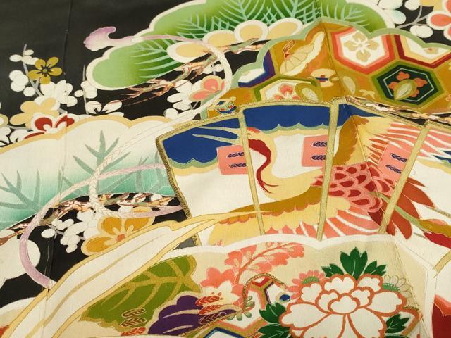 平和屋本店●アンティーク 大正ロマン 振袖 駒刺繍 扇面御所車飛鶴草花文 黒地 正絹 逸品 DABG2752ud