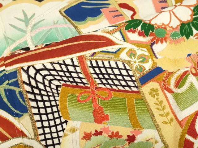 平和屋本店●アンティーク 大正ロマン 振袖 駒刺繍 扇面御所車飛鶴草花文 黒地 正絹 逸品 DABG2752ud