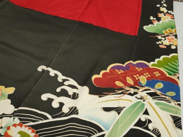 平和屋本店●アンティーク 大正ロマン 振袖 駒刺繍 扇面御所車飛鶴草花文 黒地 正絹 逸品 DABG2752ud
