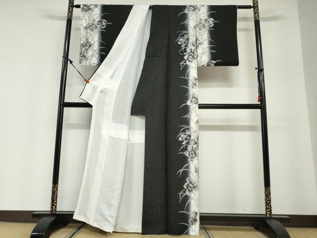 平和屋着物●訪問着 草花文 暈し染め 黒地 銀彩 銀通し地 正絹 逸品 DABG2754ud