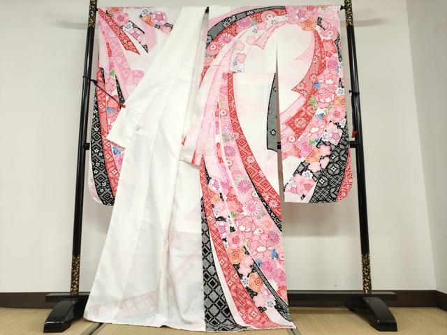 平和屋着物●振袖 熨斗鹿の子草花文 暈し染め 洗える着物 未使用 DABG2759ud