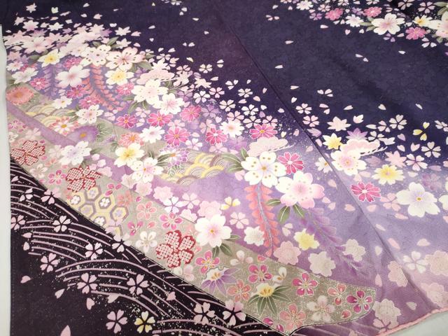 平和屋着物●豪華振袖 駒刺繍 流水草花文 暈し染め 金彩 金通し地 正絹 逸品 DABG2773ud