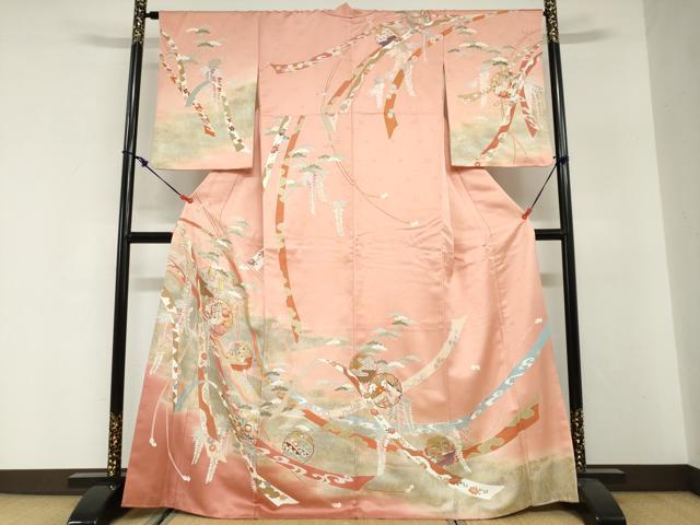 平和屋着物●訪問着 駒刺繍 雪輪御所車花鳥文 暈し染め 金銀彩 正絹 逸品 DABG2798ud