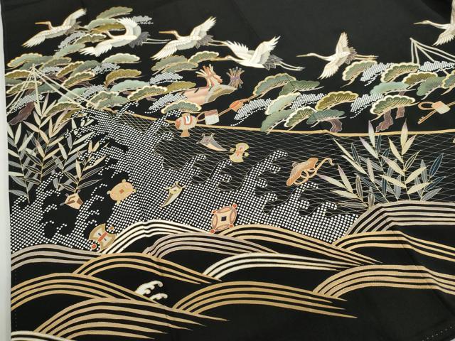 平和屋着物●豪華黒留袖 駒刺繍 宝尽くし飛鶴松文 金彩 正絹 逸品 DABG2799ud