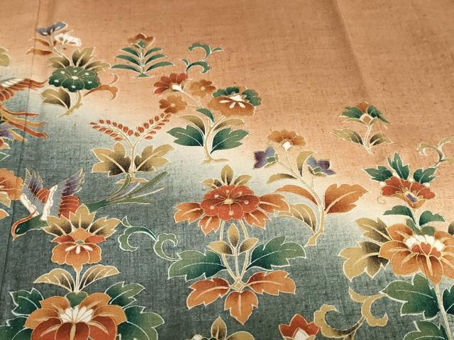 平和屋着物●訪問着 作家物 紬地 流水鳳凰草花文 暈し染め 金彩 正絹 逸品 未使用 DABG2833ud