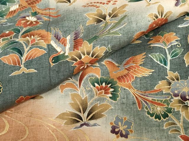 平和屋着物●訪問着 作家物 紬地 流水鳳凰草花文 暈し染め 金彩 正絹 逸品 未使用 DABG2833ud