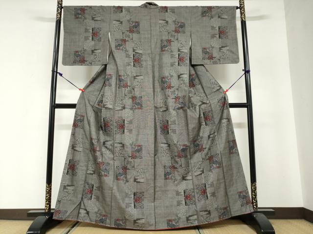 平和屋着物●本場大島紬 9マルキ 格子草花文 正絹 逸品 未使用 DABG2845ud