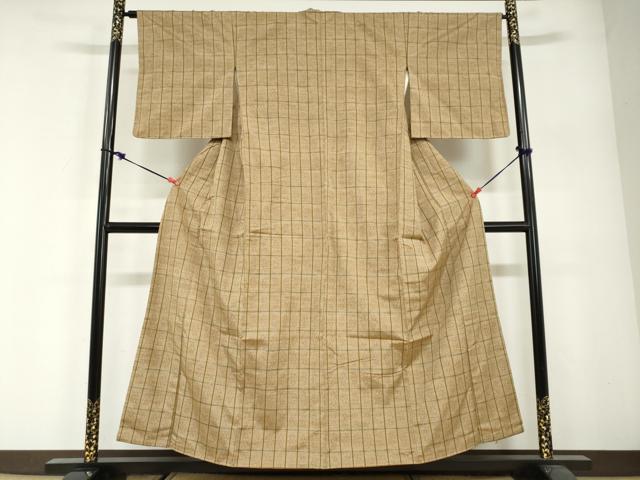 平和屋着物●上質な紬 花織 変わり格子文 やまと誂製 正絹 逸品 未使用 DABG2862ud