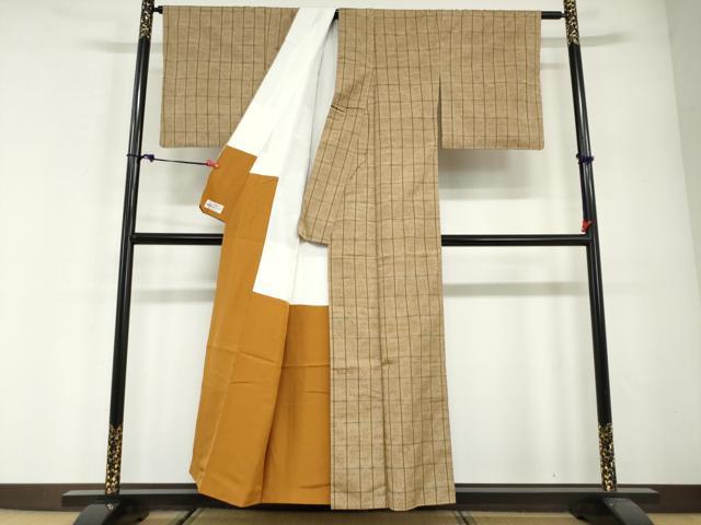 平和屋着物●上質な紬 花織 変わり格子文 やまと誂製 正絹 逸品 未使用 DABG2862ud