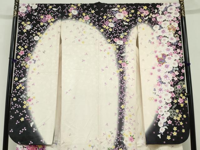 平和屋着物●豪華振袖 刺繍 鼓草花文 暈し染め 銀通し地 友禅きもの友禅扱い 正絹 逸品 DABG2891ud
