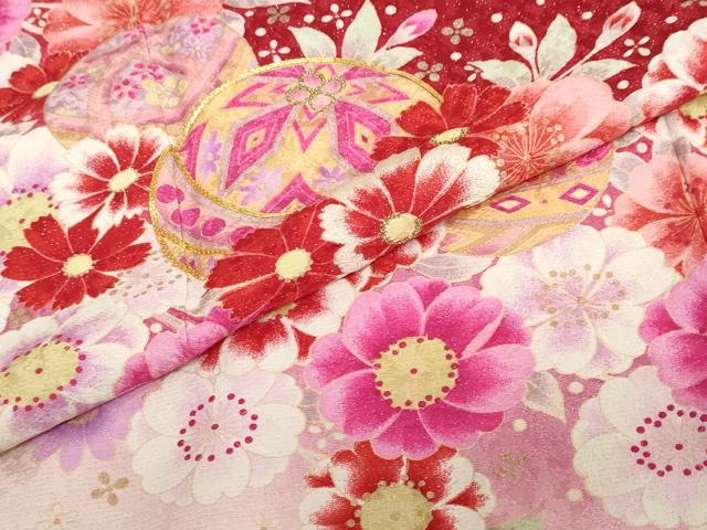 平和屋着物●豪華振袖 駒刺繍 手毬草花文 暈し染め 銀通し地 正絹 逸品 DABG2902ud