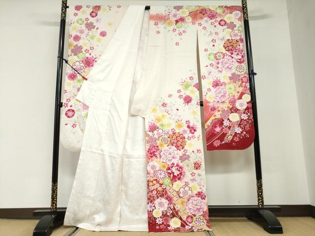 平和屋着物●豪華振袖 刺繍 花蝶文 暈し染め 金銀彩 銀通し地 正絹 逸品 DABG2904ud