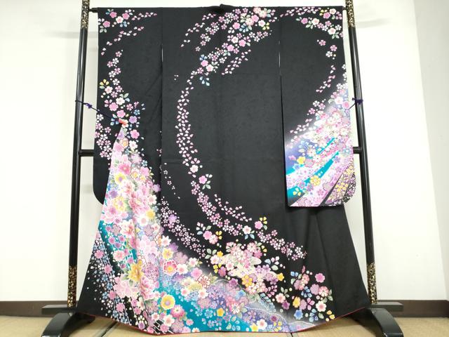 平和屋着物●豪華振袖 手毬草花文 暈し染め 黒地 金彩 正絹 逸品 DABG2917ud