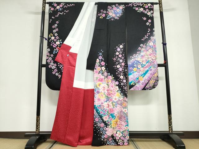 平和屋着物●豪華振袖 手毬草花文 暈し染め 黒地 金彩 正絹 逸品 DABG2917ud