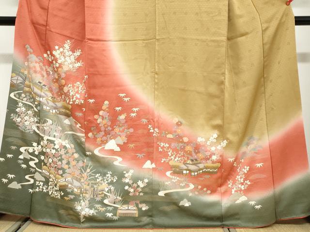平和屋着物●訪問着 流水風景草花文 暈し染め 金彩 正絹 逸品 DABG2968ud