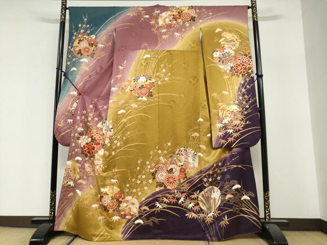 平和屋着物●豪華振袖 駒刺繍 鼓草花文 暈し染め 金彩 正絹 逸品 DABG2977ud