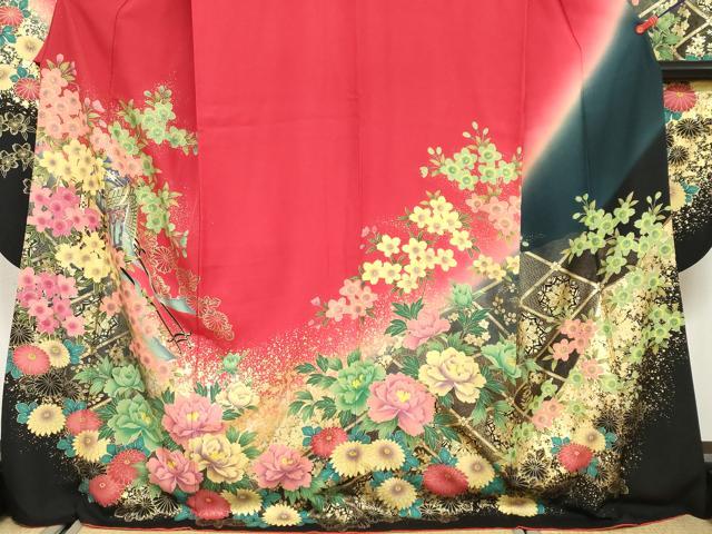 平和屋着物●豪華振袖 駒刺繍 御所車草花文 暈し染め 金彩 正絹 逸品 DABG2994ud