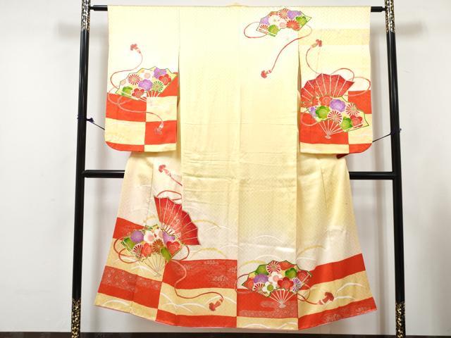 平和屋着物∵女の子 十三参り 子供 祝着・長襦袢(袷・半衿刺繍)セット 駒刺繍 扇面花文 暈し染め 金銀彩 逸品 DABG3009ma