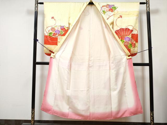 平和屋着物∵女の子 十三参り 子供 祝着・長襦袢(袷・半衿刺繍)セット 駒刺繍 扇面花文 暈し染め 金銀彩 逸品 DABG3009ma
