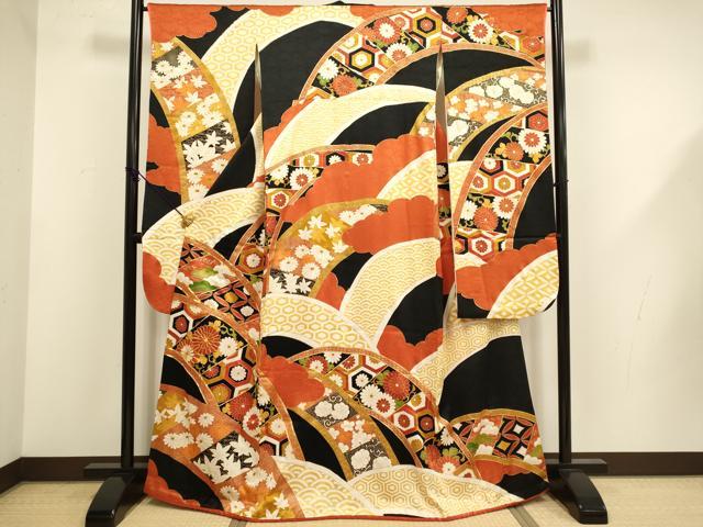 平和屋本店●豪華振袖 駒刺繍 吉祥花文 黒地 金彩 正絹 逸品 DABG3524du