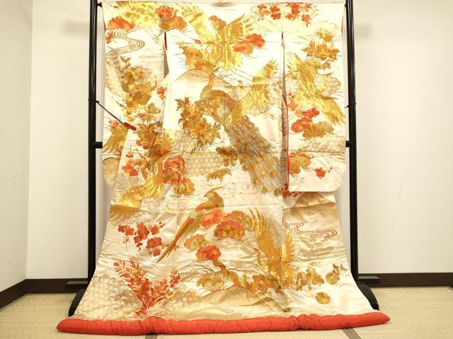 平和屋本店●色打掛 お引きずり 和装 婚礼 結婚式 花嫁 神社挙式 駒刺繍 総刺繍 飛鶴孔雀花松文 金彩 逸品 DABG3606du