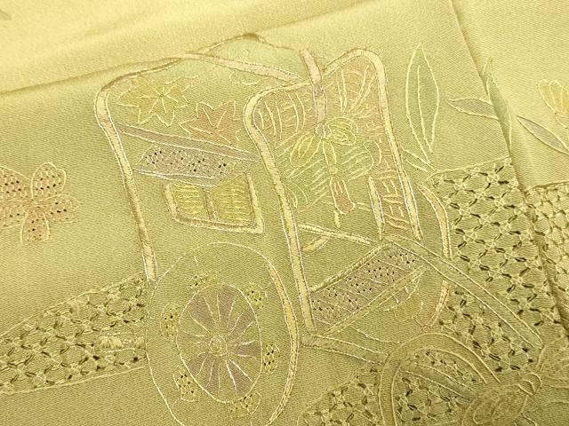 平和屋着物▼中国三大刺繍 スワトウ刺繍 汕頭刺繍 相良刺繍 総刺繍 訪問着 地紙御所車花文 暈し染め 金糸 正絹 逸品 DABG3616du