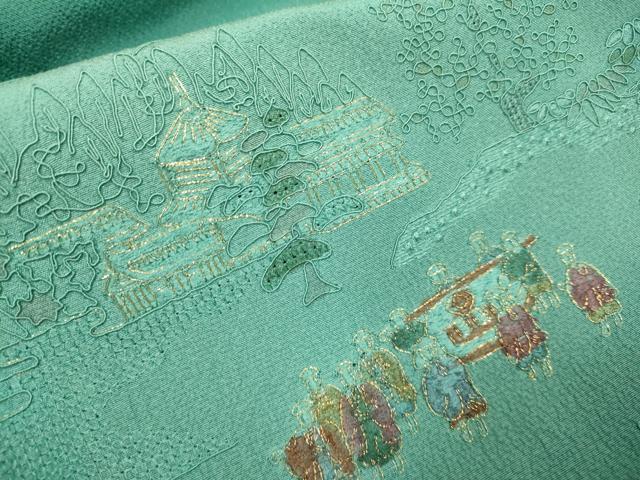 平和屋着物▼中国三大刺繍 スワトウ刺繍 汕頭刺繍 総刺繍 訪問着 大名行列 暈し染め 金糸 正絹 逸品 DABG3618du