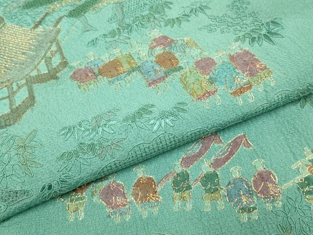 平和屋着物▼中国三大刺繍 スワトウ刺繍 汕頭刺繍 総刺繍 訪問着 大名行列 暈し染め 金糸 正絹 逸品 DABG3618du