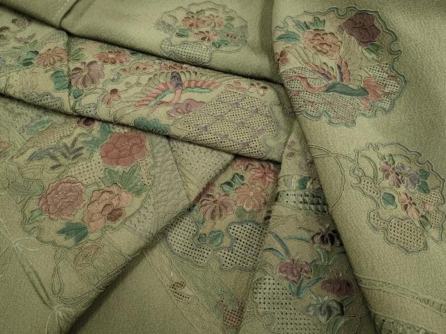 平和屋着物▼中国三大刺繍 スワトウ刺繍 汕頭刺繍 総刺繍 訪問着 几帳雪輪飛鶴花文 暈し染め 正絹 逸品 DABG3688du