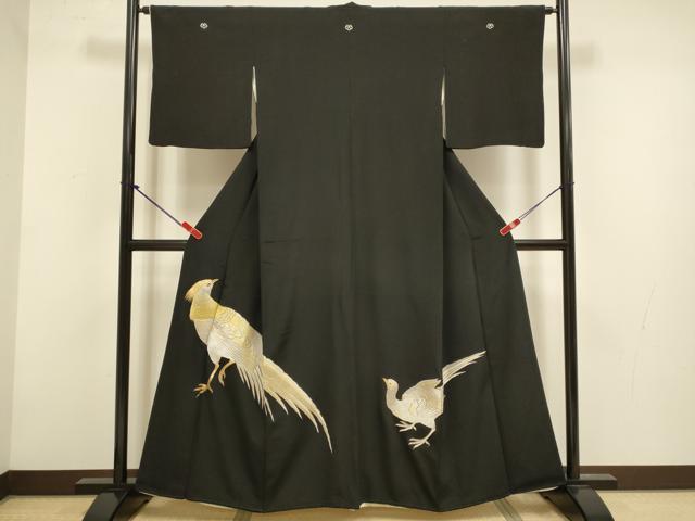 平和屋着物▼豪華黒留袖 総刺繍 尾長鳥 金銀糸 正絹 逸品 DABG3755du