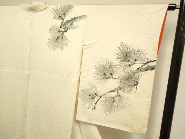 平和屋着物▼訪問着 手描き 松葉 休み鳥 金彩 正絹 逸品 DABG3756du