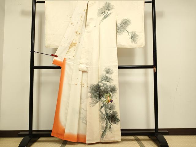平和屋着物▼訪問着 手描き 松葉 休み鳥 金彩 正絹 逸品 DABG3756du