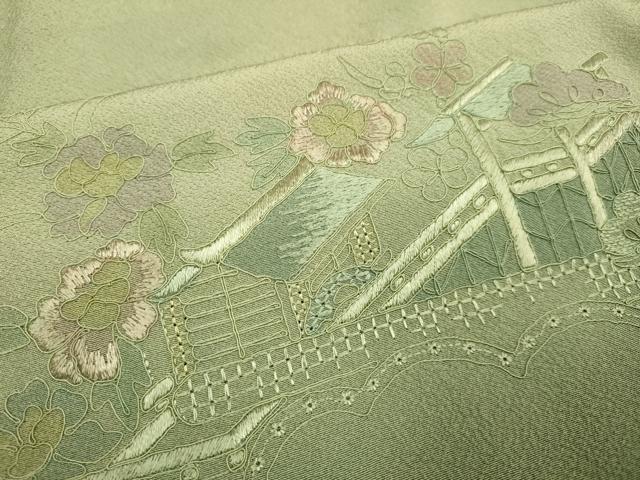 平和屋着物▼中国三大刺繍 スワトウ刺繍 汕頭刺繍 総刺繍 訪問着 風景花文 正絹 逸品 DABG3759du