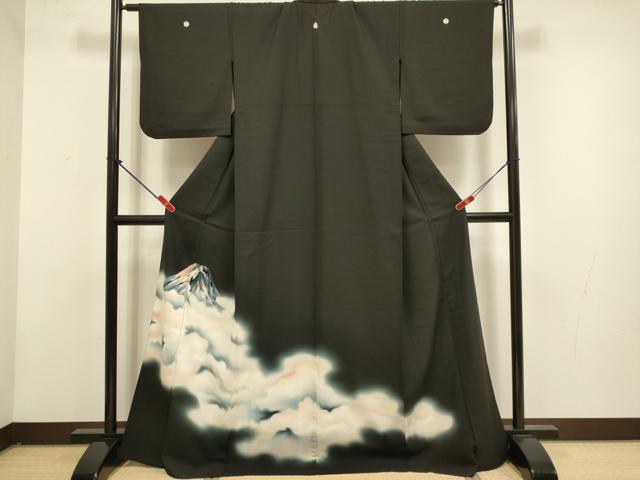 平和屋着物▽豪華黒留袖 単衣 刺繍 遠山文 暈し染め ロング丈 正絹 逸品 DABG3799du