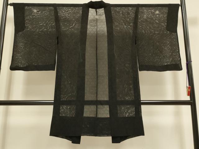 平和屋着物▽長羽織 スリーシーズン 春夏秋 塵除け 朝顔 黒地 正絹 逸品 DABG3874du