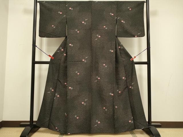 平和屋着物▽小紋 単衣 舞梅文 黒地 洗える着物 DABG3942du
