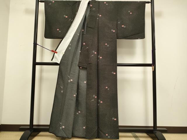 平和屋着物▽小紋 単衣 舞梅文 黒地 洗える着物 DABG3942du