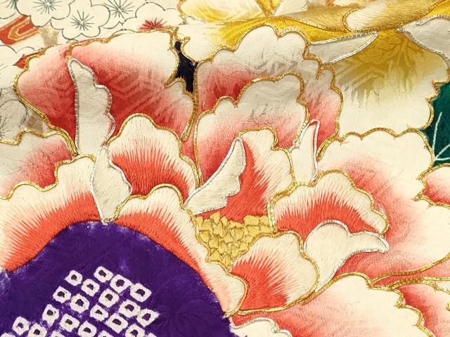 平和屋着物■豪華振袖 駒刺繍 絞り 片輪車花文 金彩 正絹 逸品 DABG4194qp