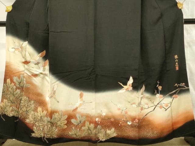 平和屋着物■豪華黒留袖 作家物 染の匠 駒刺繍 飛鶴松文 金彩 正絹 逸品 DABG4214qp