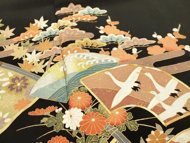 平和屋着物■豪華黒留袖 駒刺繍 地紙花鳥文 金銀彩 正絹 逸品 DABG4246qp