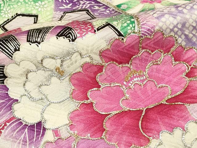 平和屋着物■豪華振袖 駒刺繍 片輪車花文 牡丹 銀彩 正絹 逸品 DABG4269qp