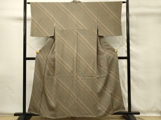平和屋着物■重要無形文化財・伊勢手彫型本染・細合俊男 小紋 斜縞文 鬼しぼ縮緬 正絹 逸品 DABG4506qp