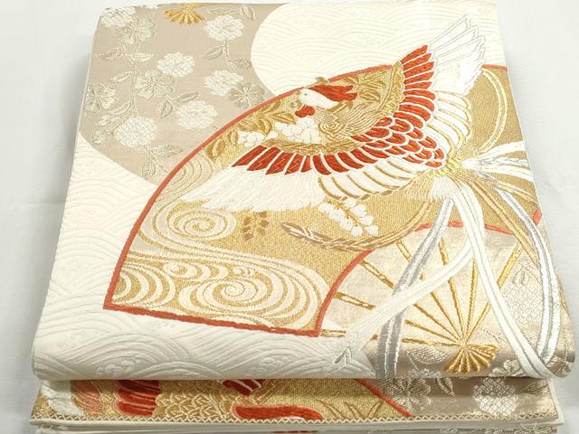 平和屋着物◎六通柄袋帯 唐織 扇面鳳凰花文 綴錦 金銀糸 正絹 逸品 DABG4622qa