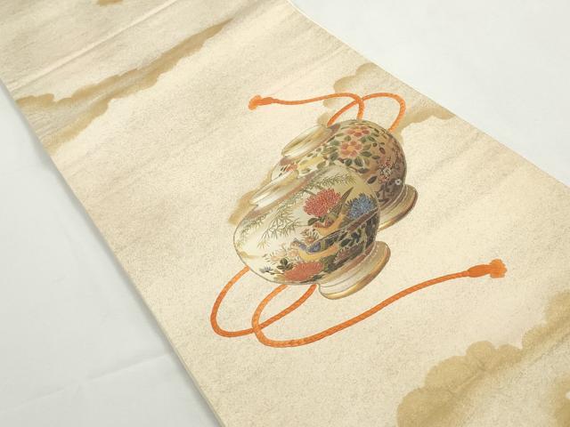 平和屋着物◎太鼓柄袋帯 刺繍 花鳥陶器文 金糸 正絹 逸品 DABG4628qa