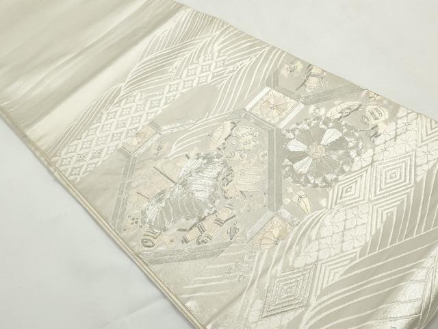 平和屋着物◎太鼓柄袋帯 駒刺繍 宝尽くし花菱文 桐 銀糸 正絹 逸品 DABG4629qa
