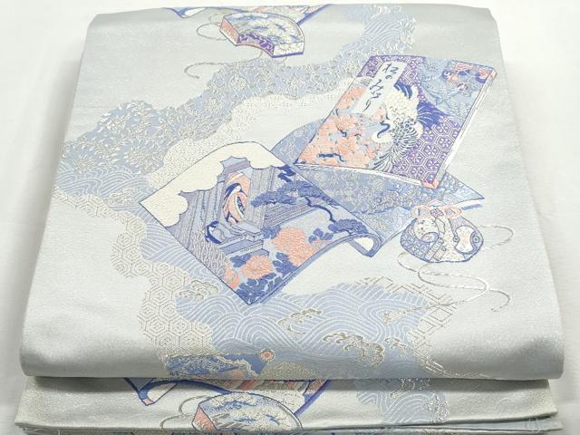 平和屋着物◎太鼓柄袋帯 唐織 名冊拾遺図 銀糸 正絹 逸品 DABG4649qa