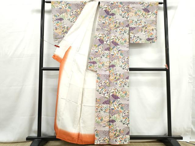 平和屋着物■上質な小紋 型染め 風景花文 松竹梅 鬼しぼ縮緬 正絹 逸品 DABG4734qa