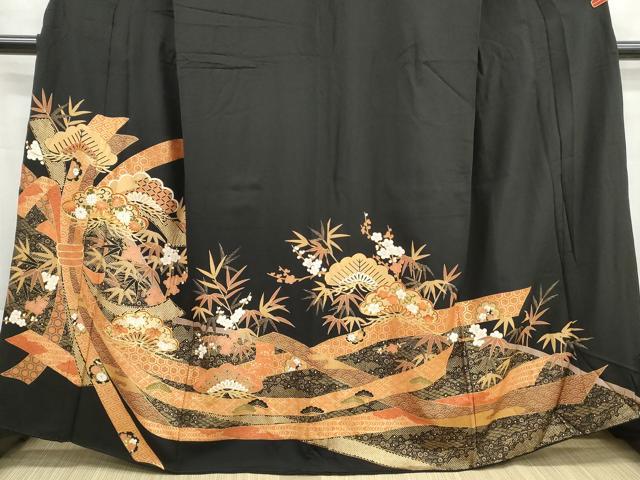 平和屋着物■豪華黒留袖 駒刺繍 束ね熨斗花文 松竹梅 金彩 正絹 逸品 DABG4817qa