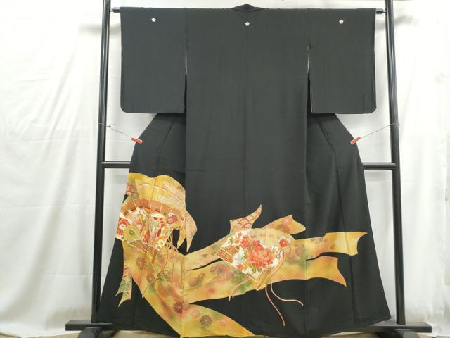 平和屋着物■豪華黒留袖 駒刺繍 檜扇御所車花文 金彩 正絹 逸品 DABG4828qa
